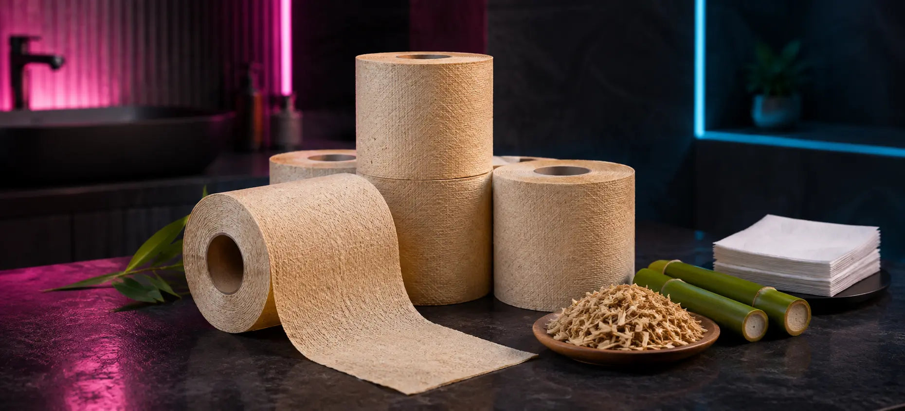 Natural brown bamboo toilet paper rolls displayed with bamboo stalks and raw fibre in a dark modern bathroom setting.