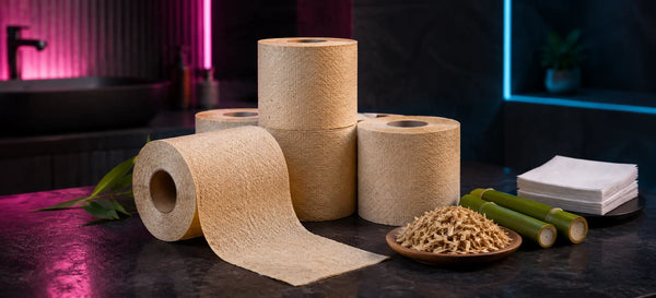 Natural brown bamboo toilet paper rolls displayed with bamboo stalks and raw fibre in a dark modern bathroom setting.