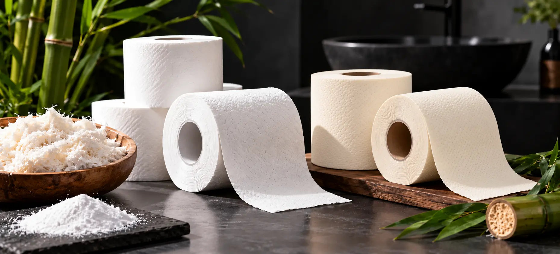 White and cream bamboo toilet paper rolls with unrolled sheets beside bamboo stalks and a bowl of white pulp on a bathroom counter.