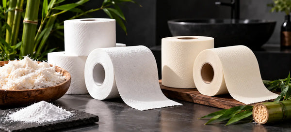 White and cream bamboo toilet paper rolls with unrolled sheets beside bamboo stalks and a bowl of white pulp on a bathroom counter.
