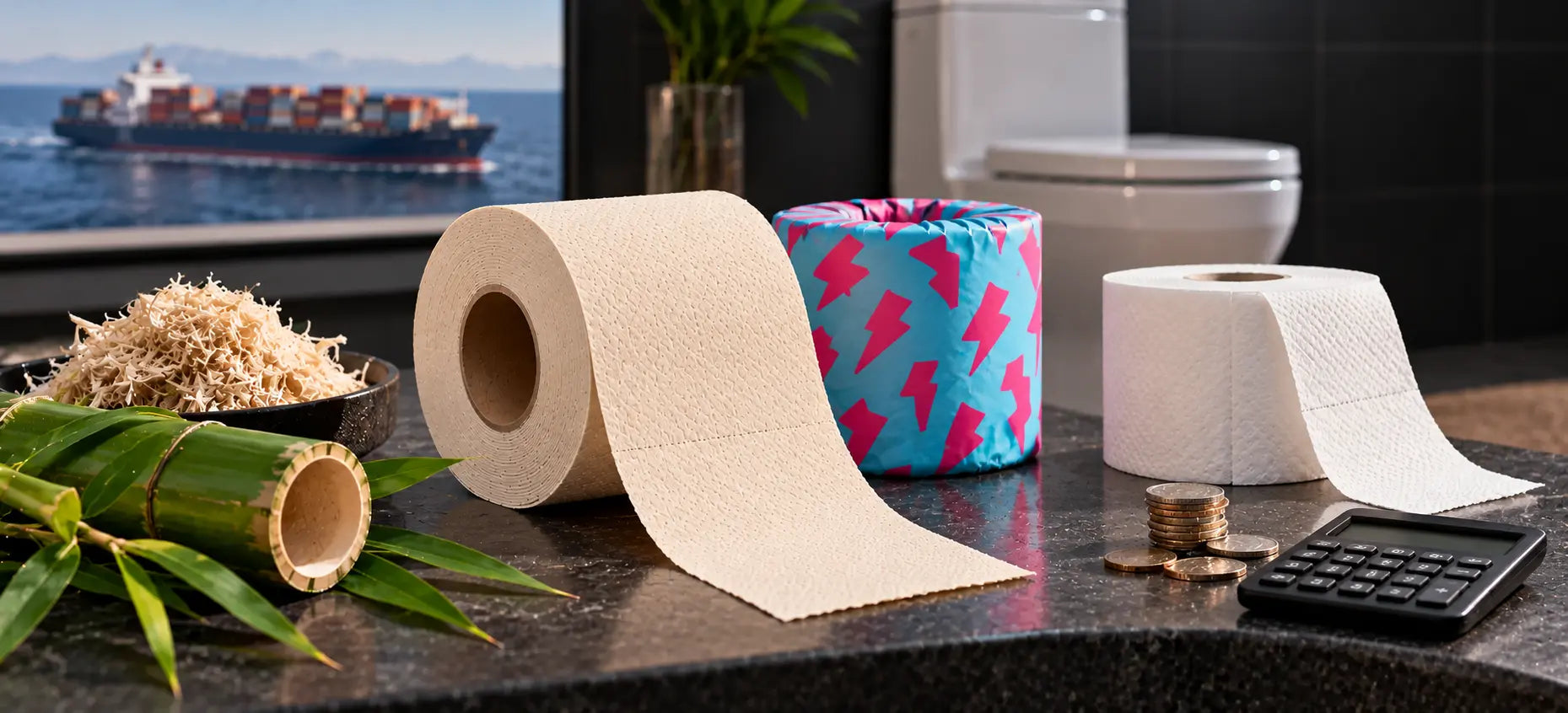 Cream and white toilet paper rolls beside bamboo, a cyan-pink wrapper, coins and a calculator, with a cargo ship photograph in the background.