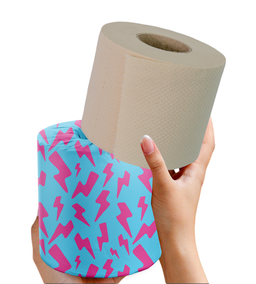 Hand holding a 3-ply Skid Slayer unbleached bamboo toilet paper roll
